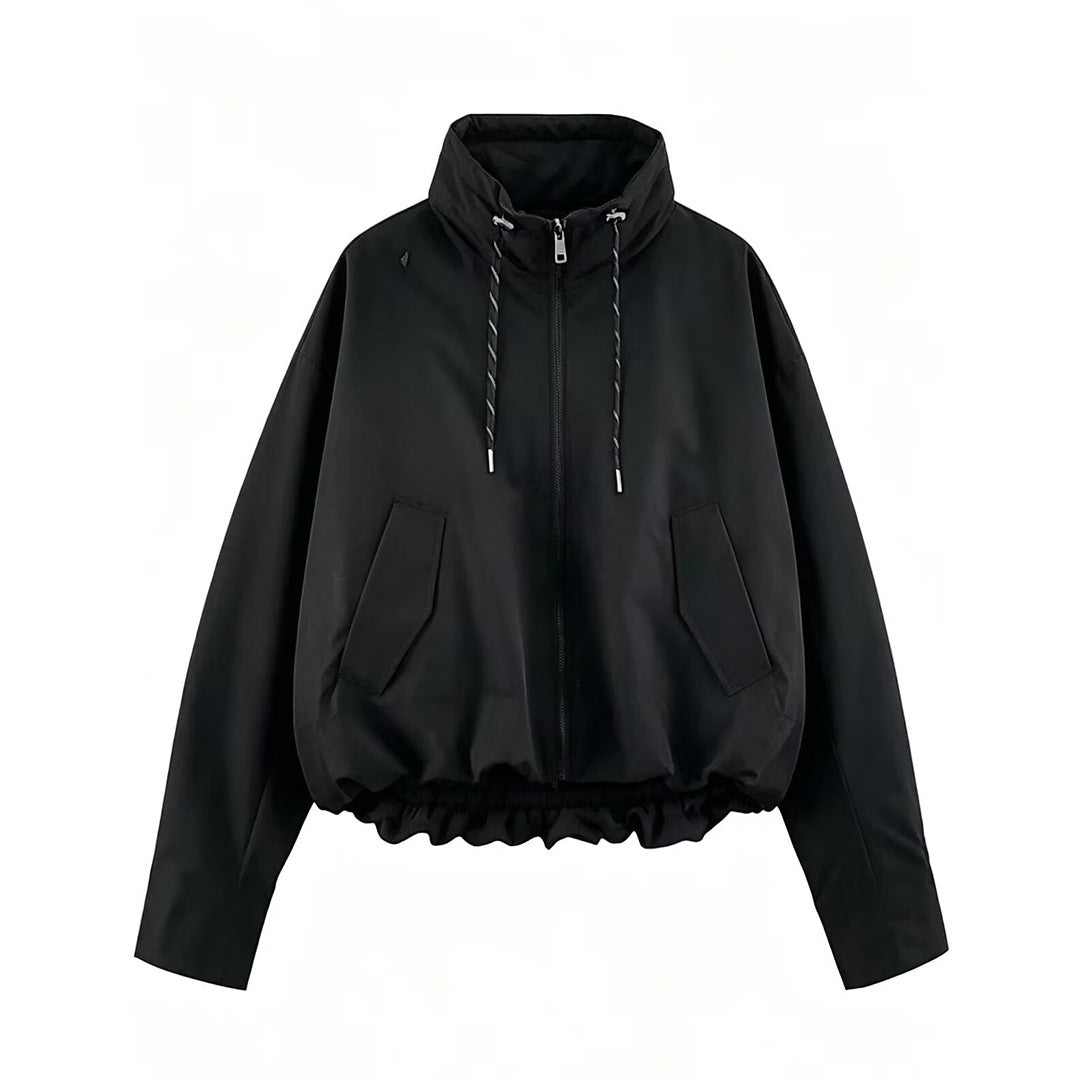Damen Cropped Oversize Windbreaker mit hohem Funnelkragen, Kordelzug und gerafftem Elastikbund Drune