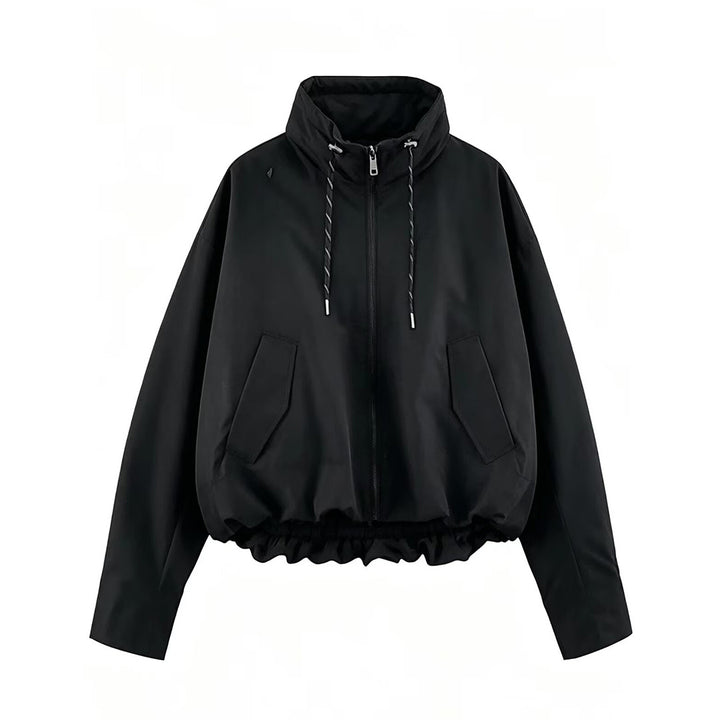 Damen Cropped Oversize Windbreaker mit hohem Funnelkragen, Kordelzug und gerafftem Elastikbund Drune