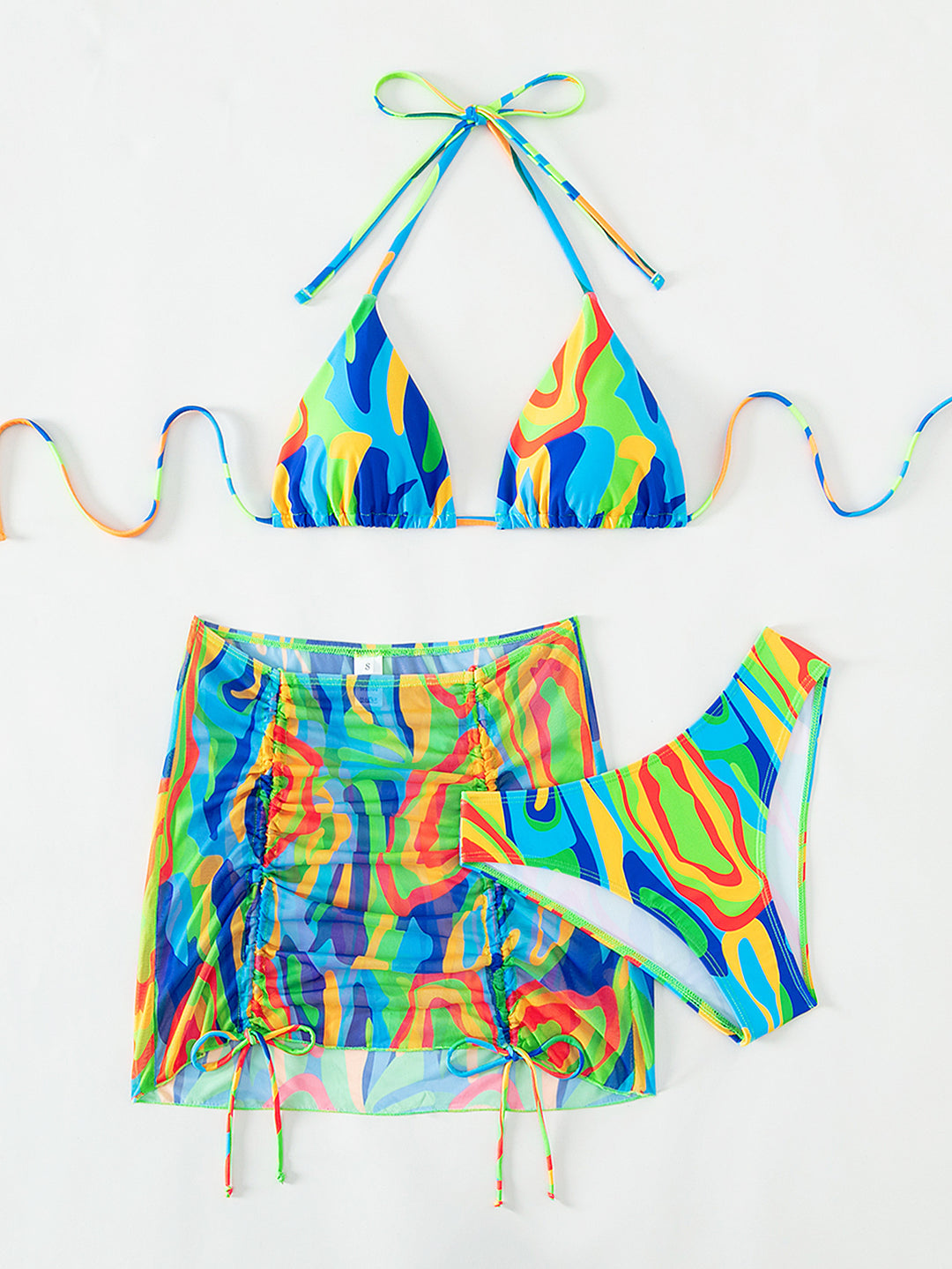 Damen Buntes Triangel-Bikini-Set mit transparentem Rock Drune