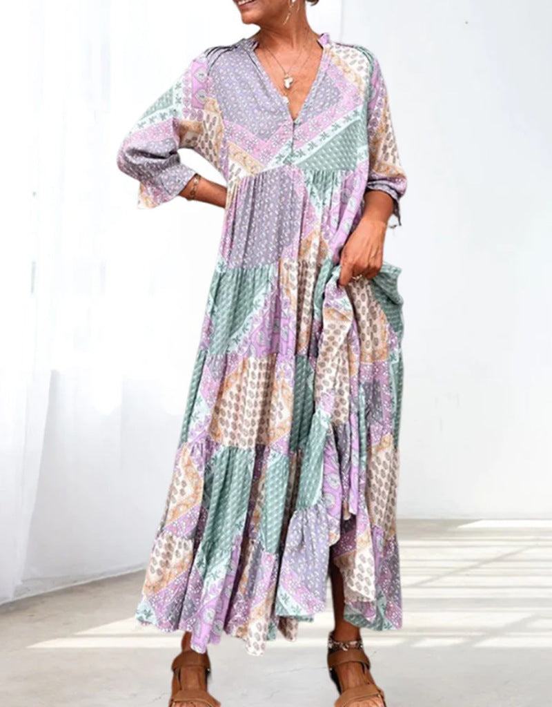 Damen nan luftiges Maxikleid im Patchwork-Boho-Stil mit V-Ausschnitt, gerafftem Oberteil und ausgestelltem Stufensaum Drune