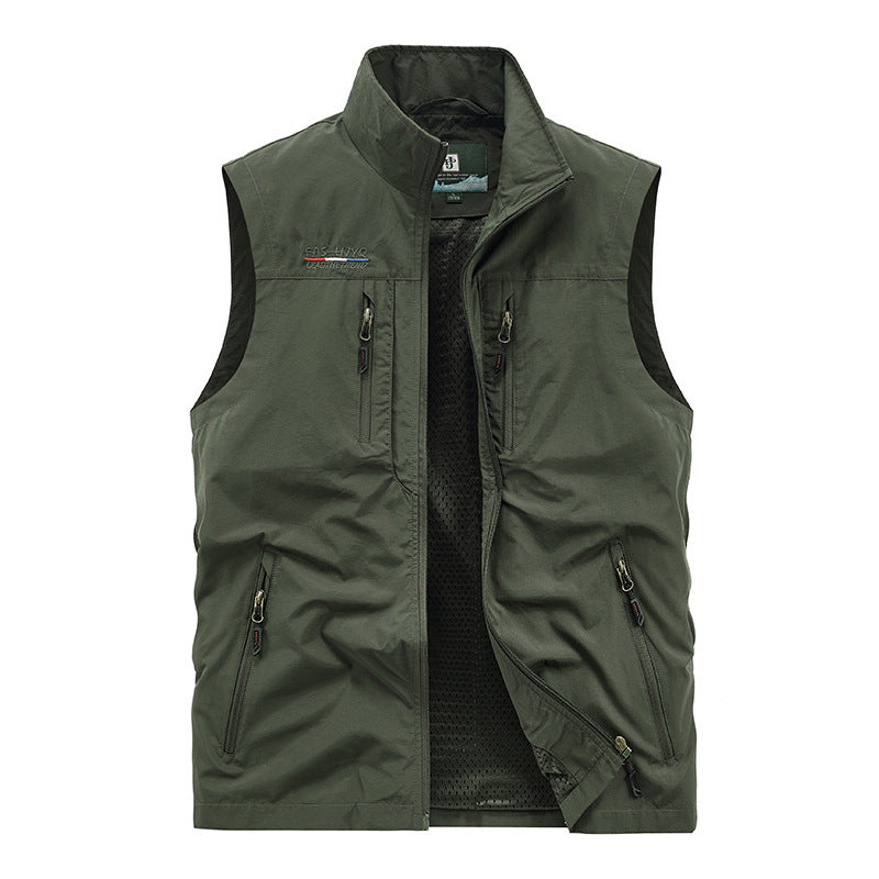 Herren nan multifunktionale Outdoorweste mit Mesh-Innenfutter, mehreren Reißverschlusstaschen und hohem Stehkragen Drune