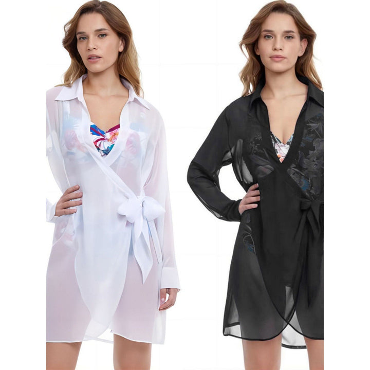 Damen Strandüberwurf mit elegantem Wickeldetail und transparentem Stoff Drune
