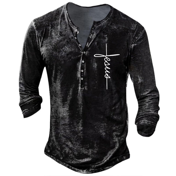 Herren Langarm Henley-Shirt mit kreativem Grafikdruck Drune