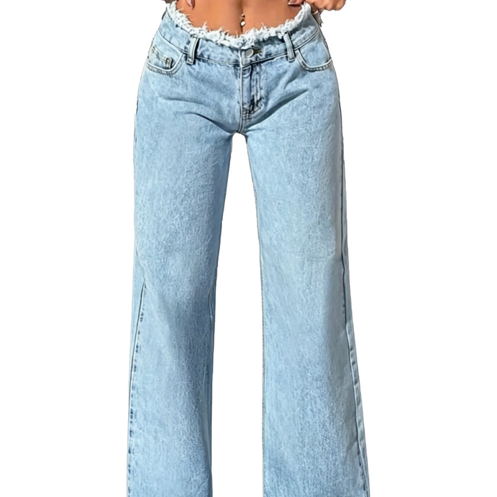 Damen High-Waist Schlagjeans mit rohem Bund und weitem Bein Drune