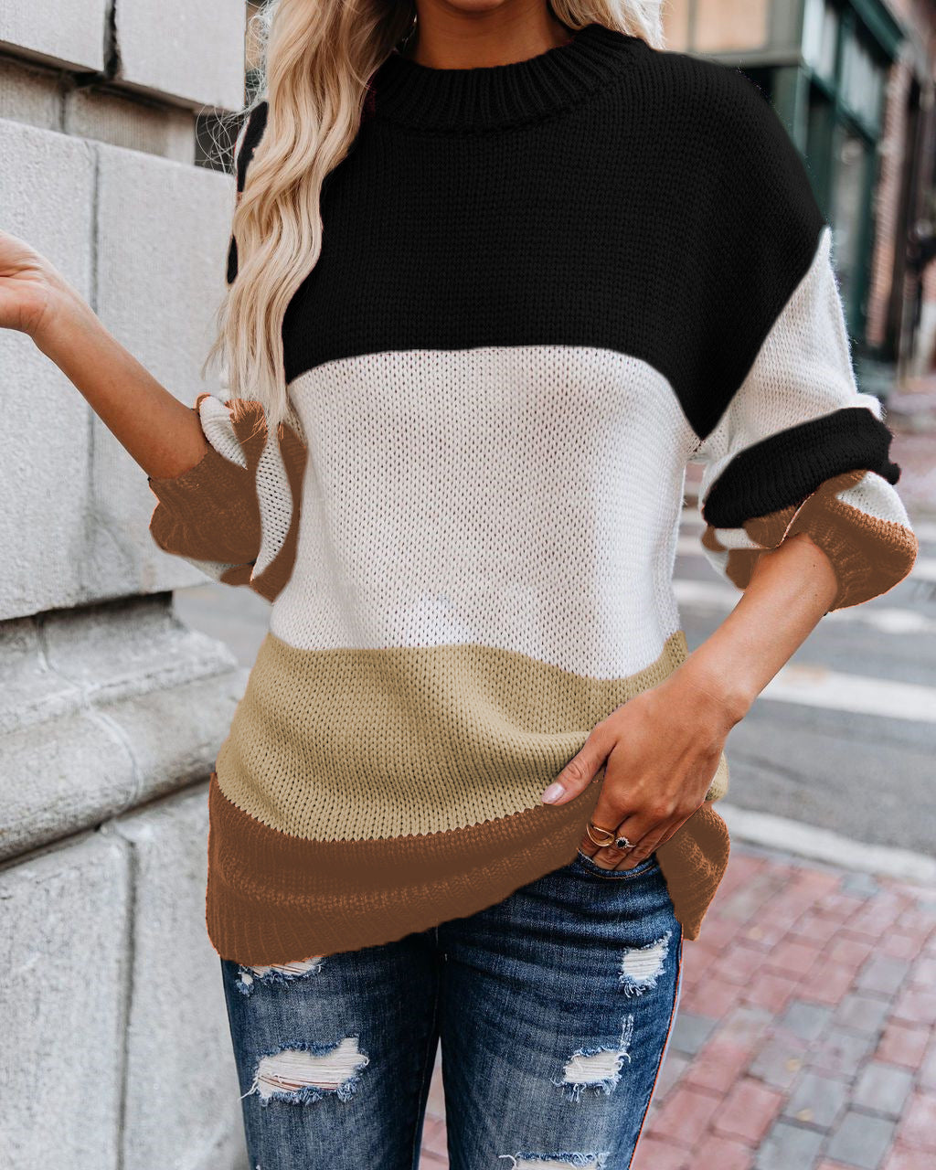 Damen Grobstrick Farbblockpullover mit hohem Rippenkragen und Oversize‑Passform Drune