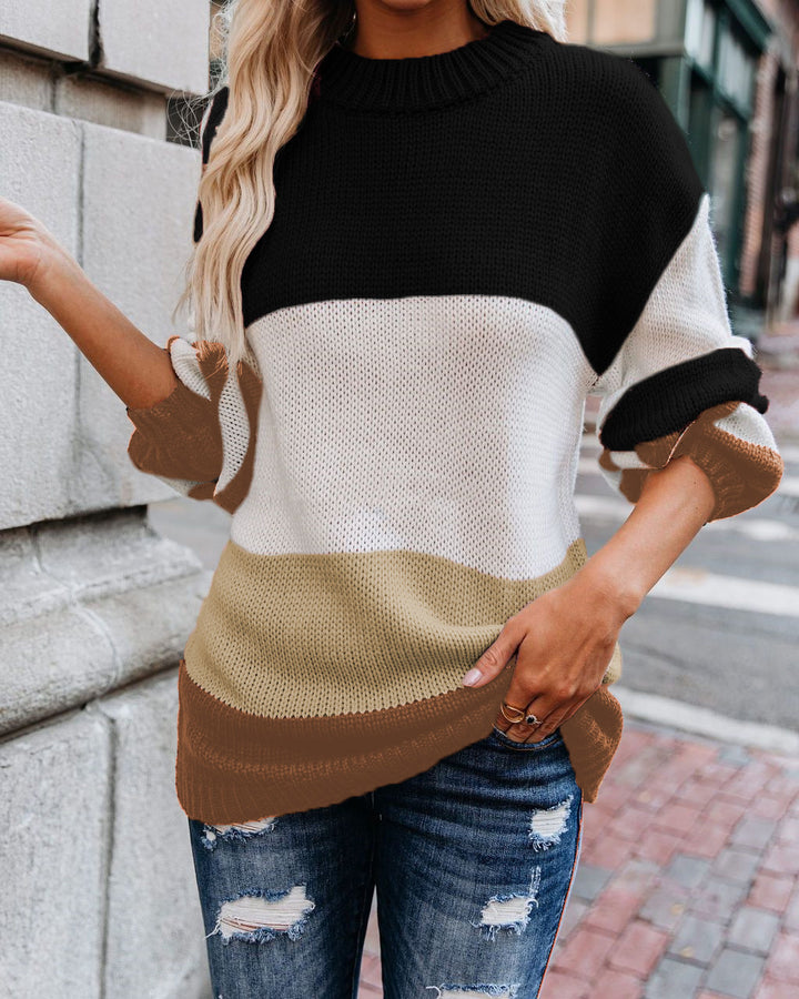 Damen Grobstrick Farbblockpullover mit hohem Rippenkragen und Oversize‑Passform Drune