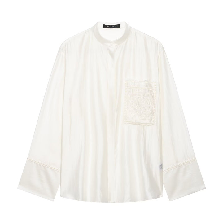 Damen Oversize Seidenoptik-Bluse mit Stehkragen und bestickter Brusttasche Drune