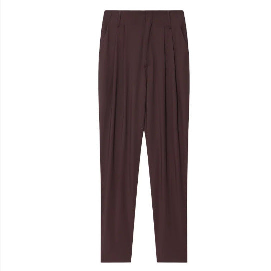 Damen 90+ hochtaillierte Bundfaltenhose mit weitem Sitz und tapered Bein Drune