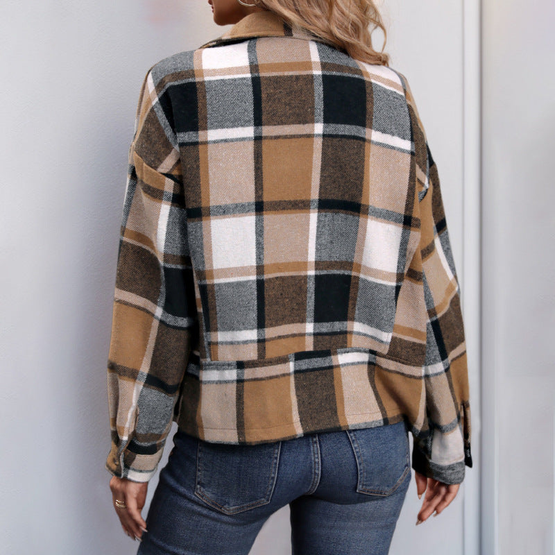 Damen Oversize-Karo-Shacket mit Reverskragen, Reißverschluss & aufgesetzten Taschen Drune