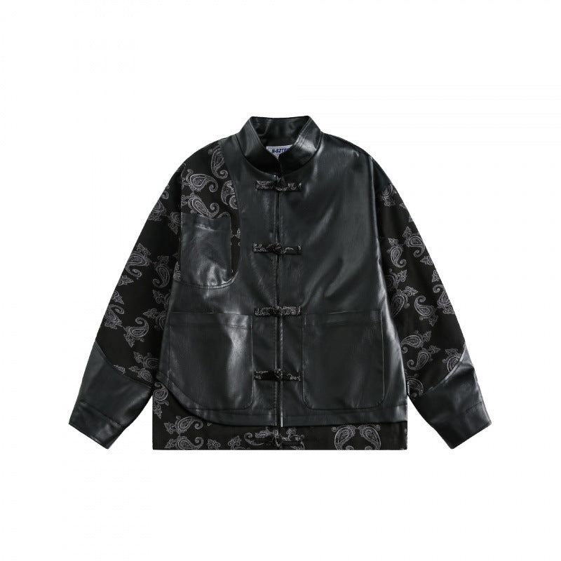 Unisex Jacke im Chinoiserie-Style mit Kunstlederfront, Stehkragen und Paisley-Ärmeln Drune