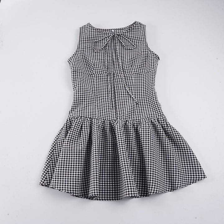 Damen lässiges Vichykleid mit Bogenverzierung und schwingendem Saum Drune