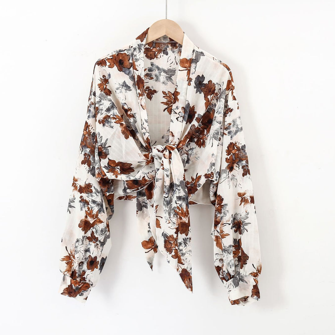Damen nan florale Knoten-Bluse im Wickelstil mit Ballonärmeln und leichter Leinenoptik Drune