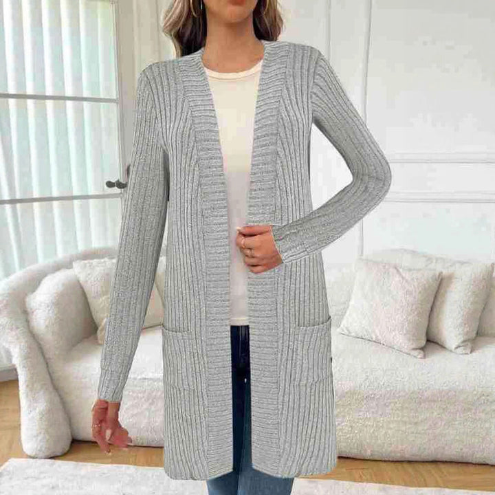 Damen Longline Rippstrick Cardigan mit Taschen Drune