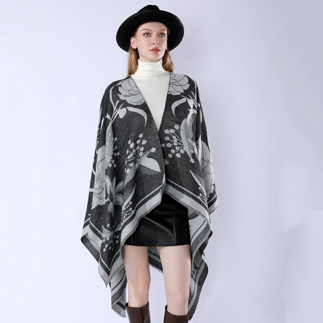 Damen Floraler Jacquard-Überwurf im kastigen Kimono-Fall mit feiner Fransenkante Drune