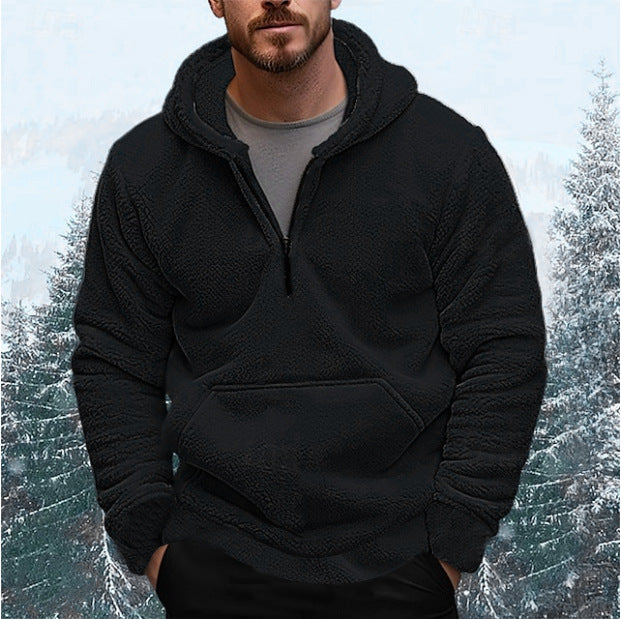 Herren sherpa fleece-hoodie mit halbem Reißverschluss, Kapuze und großer Kängurutasche Drune