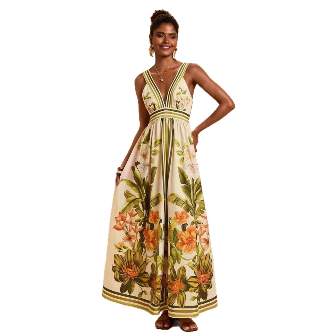 Damen Maxikleid mit tiefem V-Ausschnitt und floralem Design Drune