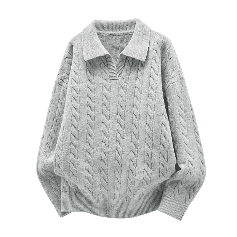 Damen Oversize Kabelstrick-Polo-Pullover mit V‑Ausschnitt und geripptem Saum Drune