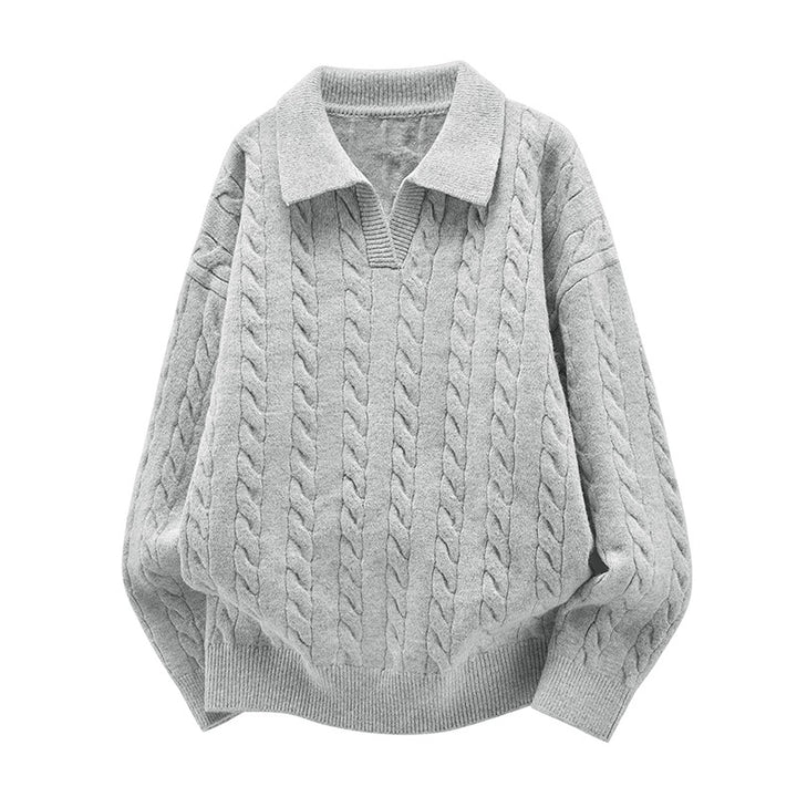 Damen Oversize Kabelstrick-Polo-Pullover mit V‑Ausschnitt und geripptem Saum Drune