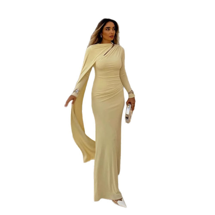 Damen Tailliertes Maxikleid mit einseitigem Cape und hohem Kragen Drune