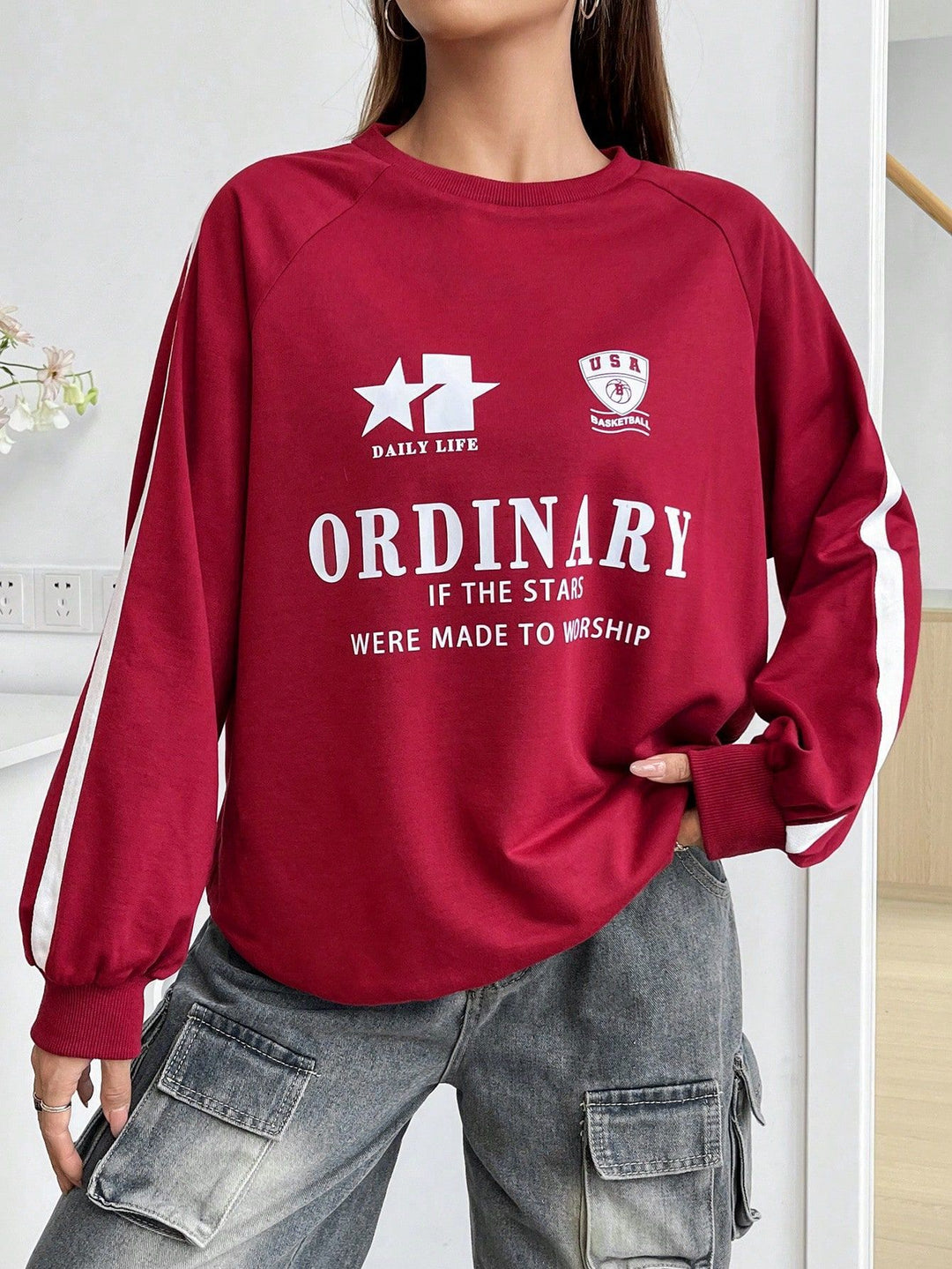 Damen lässiger Sweatshirt mit kreativen Grafiken und voluminösen Ärmeln Drune