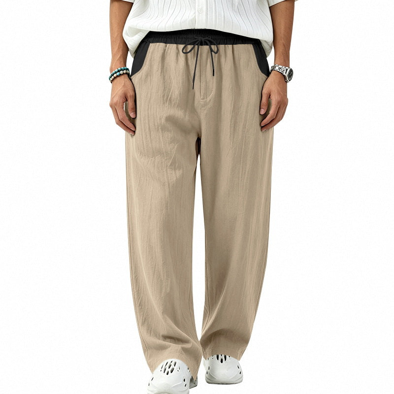 Herren Locker sitzende Leinen-Mischstoff Freizeithose mit Elastischem Tunnelzug und Seitentaschen Drune