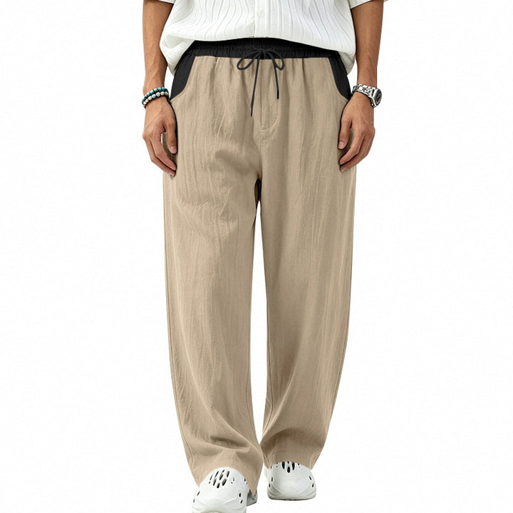 Herren Locker sitzende Leinen-Mischstoff Freizeithose mit Elastischem Tunnelzug und Seitentaschen Drune