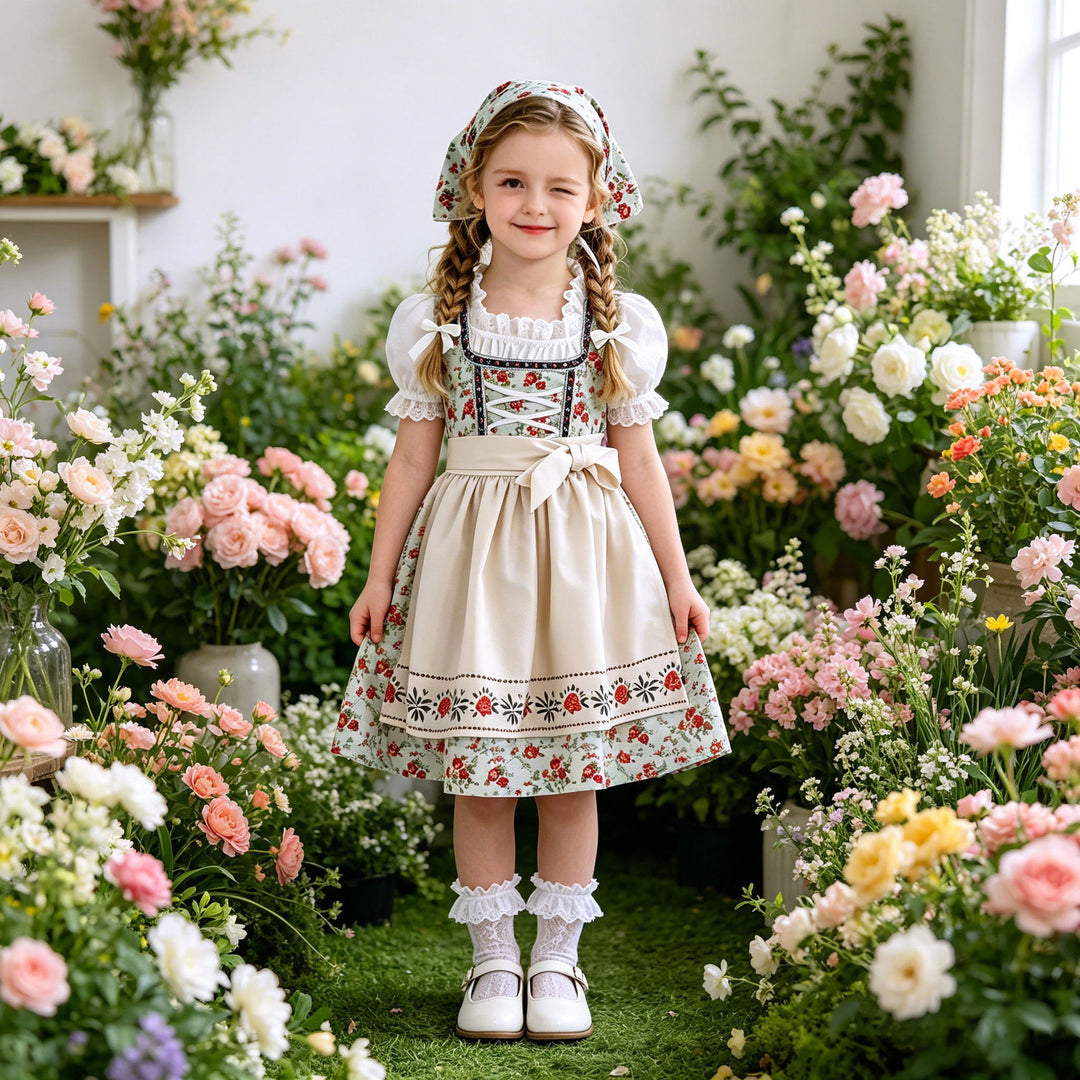 Damen nan Kinderdirndl Trachtenkleid mit Spitzenbluse Schürze und Kopftuch Drune