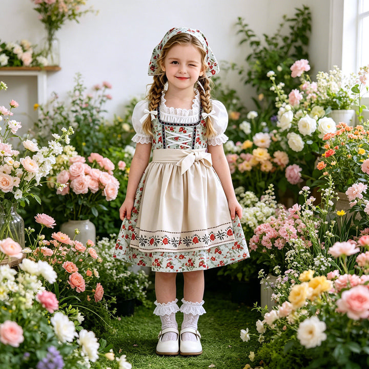 Damen nan Kinderdirndl Trachtenkleid mit Spitzenbluse Schürze und Kopftuch Drune