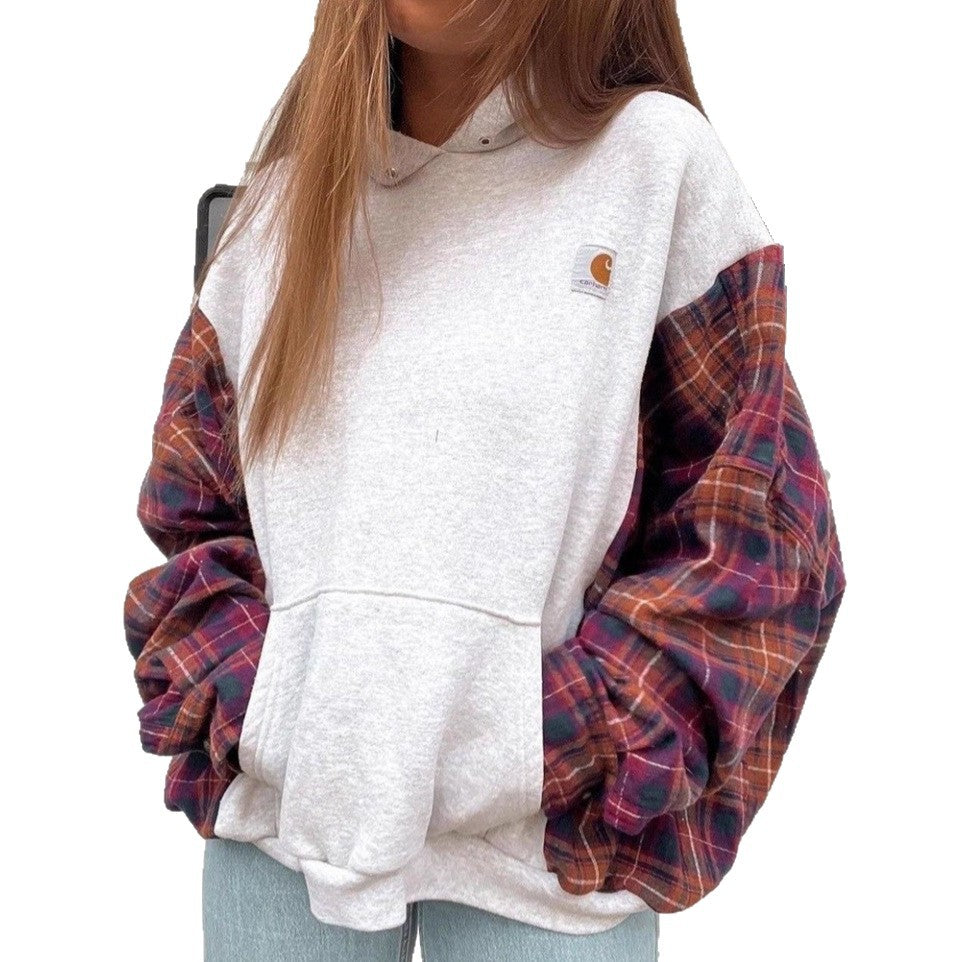 Damen nan oversized Kapuzenpullover mit karierten Flanellärmeln und Kängurutasche Drune