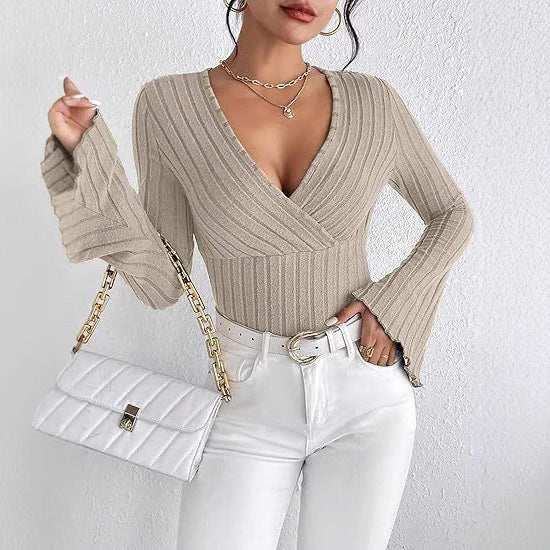 Damen Strickoberteil mit Wickeldesign und weitem Ärmel Drune