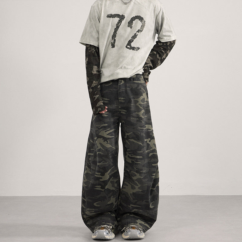 Herren Weite Camouflage-Baggy-Hose mit niedriger Bundlinie und Knie-Patchtaschen Drune