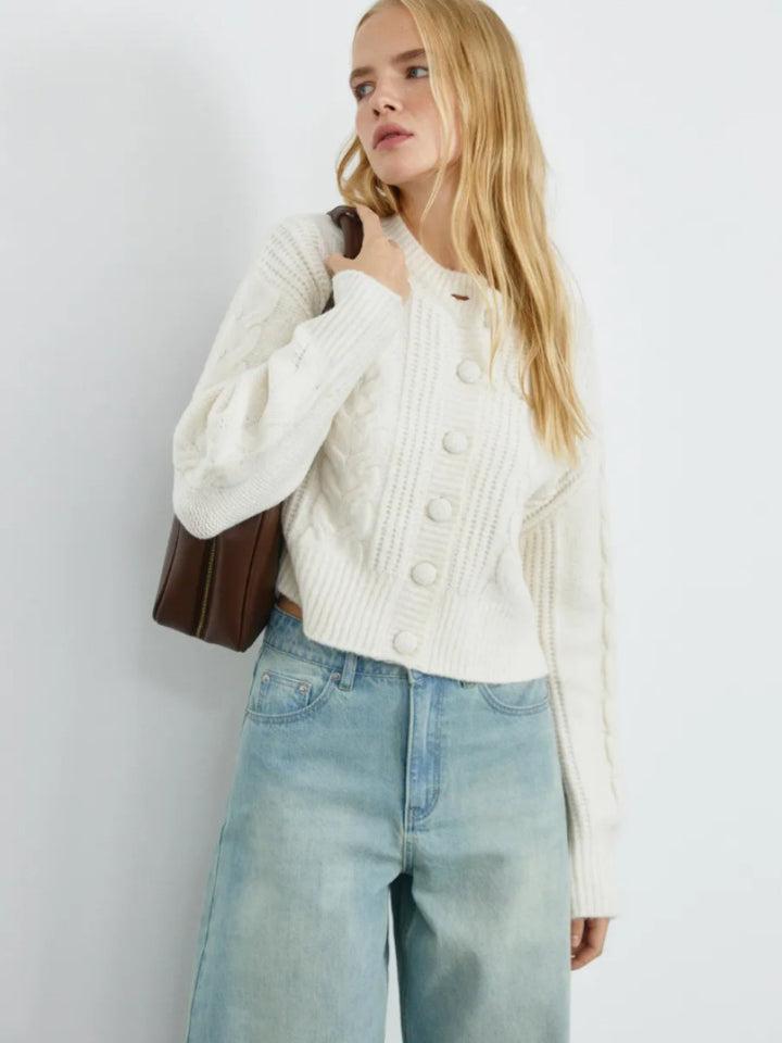 Damen Modischer Grobstrickpullover mit Knopfdetails Drune