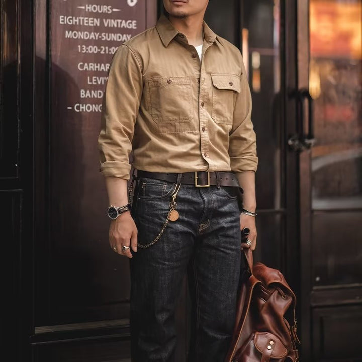 Herren Baumwoll‑Twill‑Worker‑Hemd mit Pattentaschen und kastiger Passform Drune