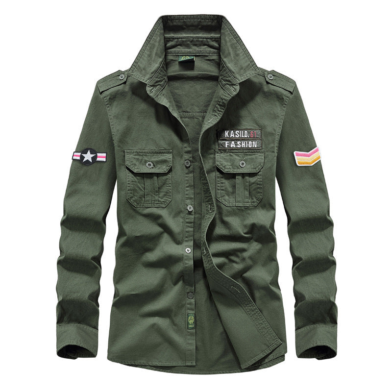 Herren nan militärisches Langarm-Utility-Hemd mit aufgesetzten Brusttaschen, Schulterklappen und dekorativen Stickpatches Drune