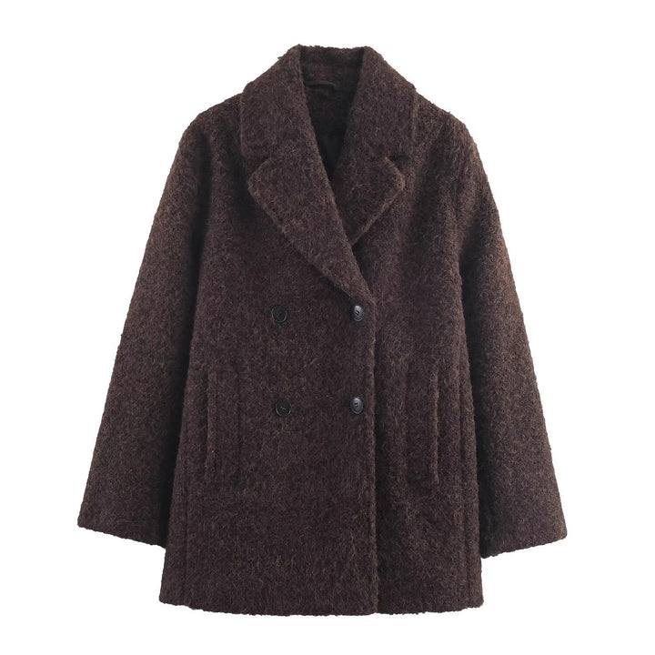 Damen Doppelreihiger Teddy-Mantel mit Schalkragen und aufgesetzten Taschen Drune