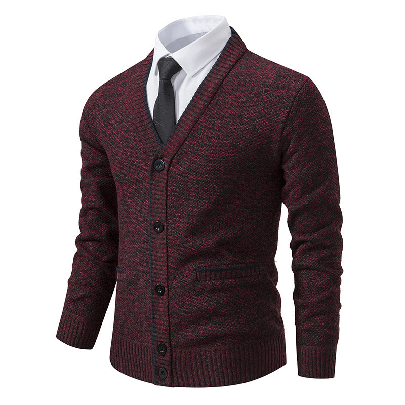 Herren nan melierter Strukturstrick-Cardigan mit V-Ausschnitt, Kontrastkanten und aufgesetzten Taschen Drune