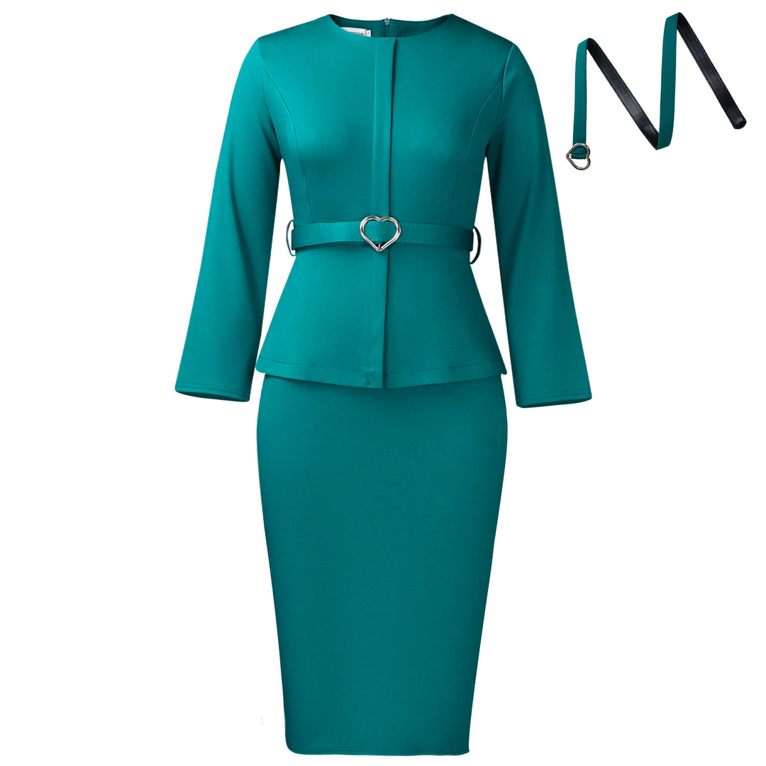 Damen elegantes Etuikleid mit herzförmigem Gürtel und modischem Oberteil Drune