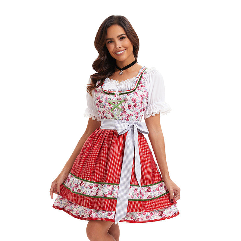 Damen nan kurzes traditionelles Dirndlkleid mit Spitzenbluse, Schnürung und dekorativer Schürze Drune