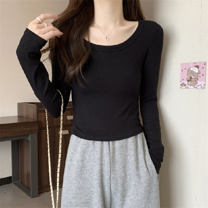 Damen figurbetontes Langarmshirt mit weitem Ausschnitt Drune