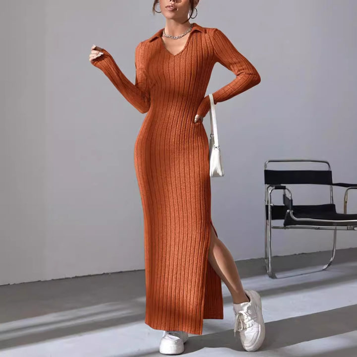 Damen Langärmliges Rippkleid mit Slit und Kragen Drune
