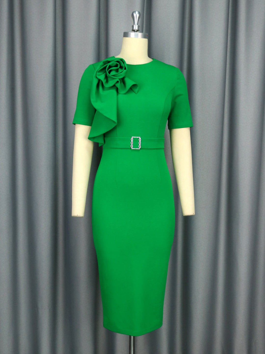 Damen figurbetontes Kleid mit floralem Rüschendetail und Taillengürtel Drune