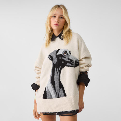 Damen Oversized Pullover mit einzigartigem Hundemuster Drune