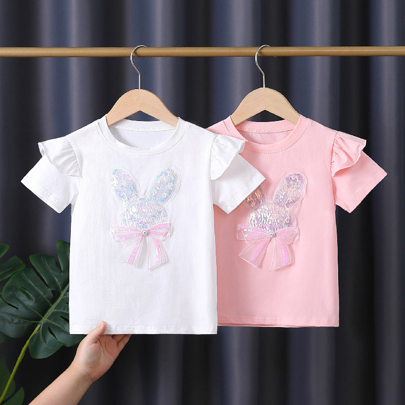 Mädchen T-Shirt mit aufgesticktem Häschen und Rüschendetails Drune