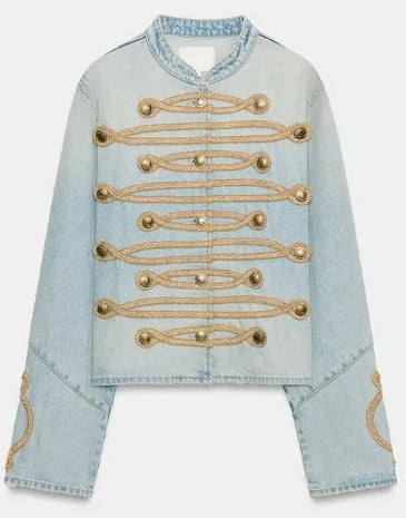 Damen Cropped-Jeansjacke im Military‑Stil mit dekorativer Kordelapplikation Drune