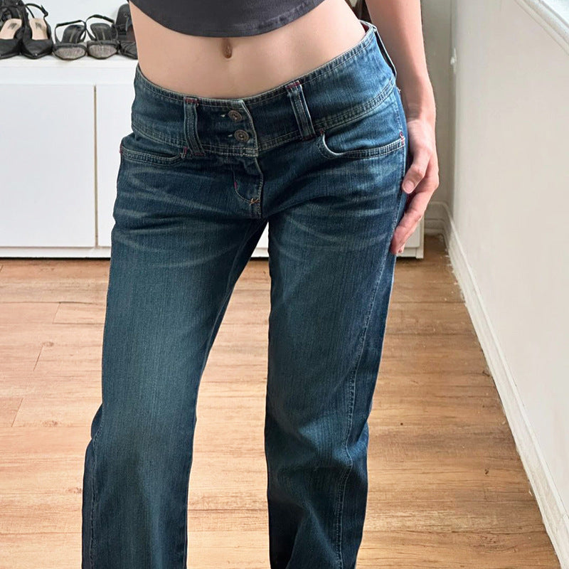 Damen Low-Rise Bootcut-Jeans mit doppelter Knopfleiste und extra weitem Schlag Drune