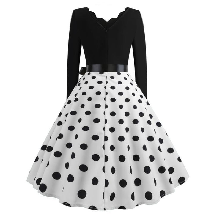 Damen Vintage Tellerkleid mit gewelltem V-Ausschnitt, tailliertem Satinband und langen Ärmeln Drune