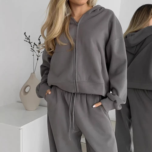 Damen lässiges Kapuzen-Sweatshirt mit Reißverschluss und weiten High-Waist Jogginghose Drune