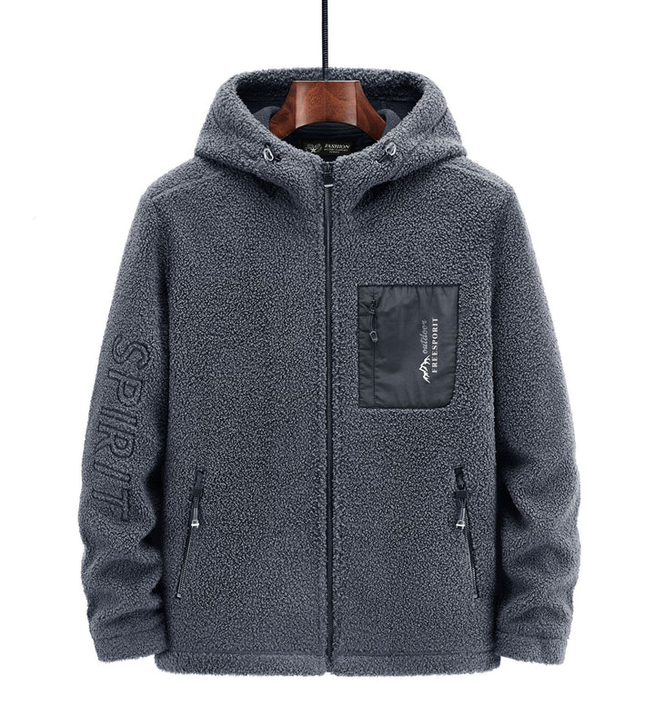Herren Sherpa‑Fleece Kapuzenjacke mit Reißverschluss und Brusttasche Drune