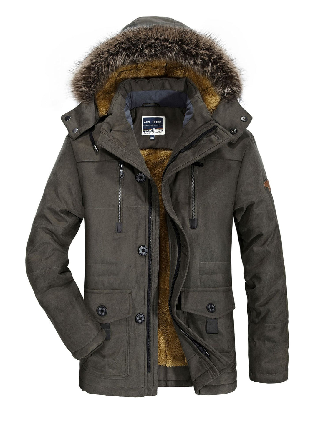 Herren Parka mit abnehmbarer Kapuze, wärmender Teddyfutter-Innenlage und Multifunktions-Taschen Drune