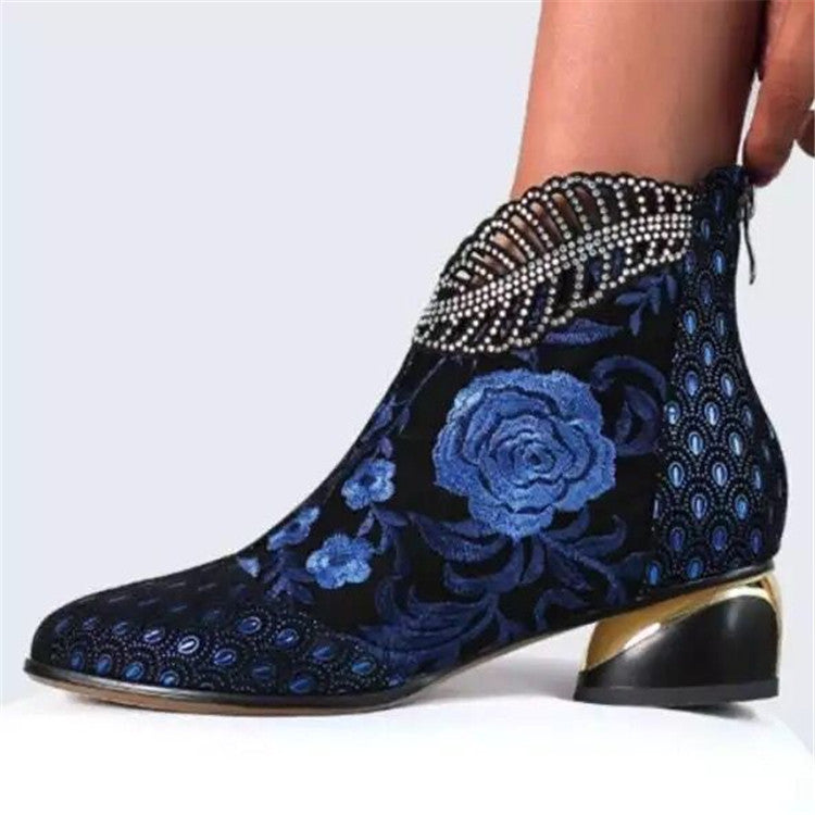 Damen nan bestickte Ankle-Boots mit Samteinsatz Perlenbesatz und skulptiertem Blockabsatz Drune